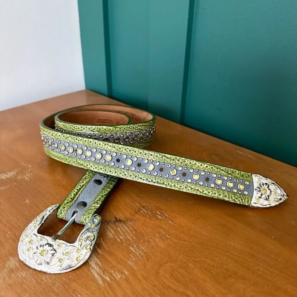 Ariat Women’s Suede Dusty Blue Green Leather Heavily Beaded Chartreuse Stone Bel